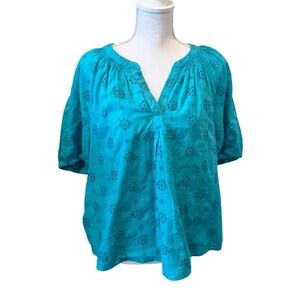 Crown & Ivy Womens Turquoise Blue Eyelet Puff Sleeve Split Neck Blouse PL Petite